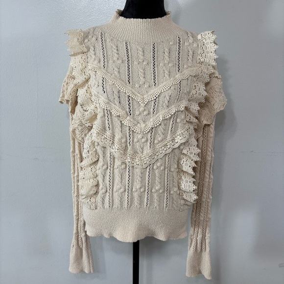 Piper & Scoot Cream Boho Cottagecore Crochet Mock Neck Cable Knit Sweater Size M - Picture 1 of 7